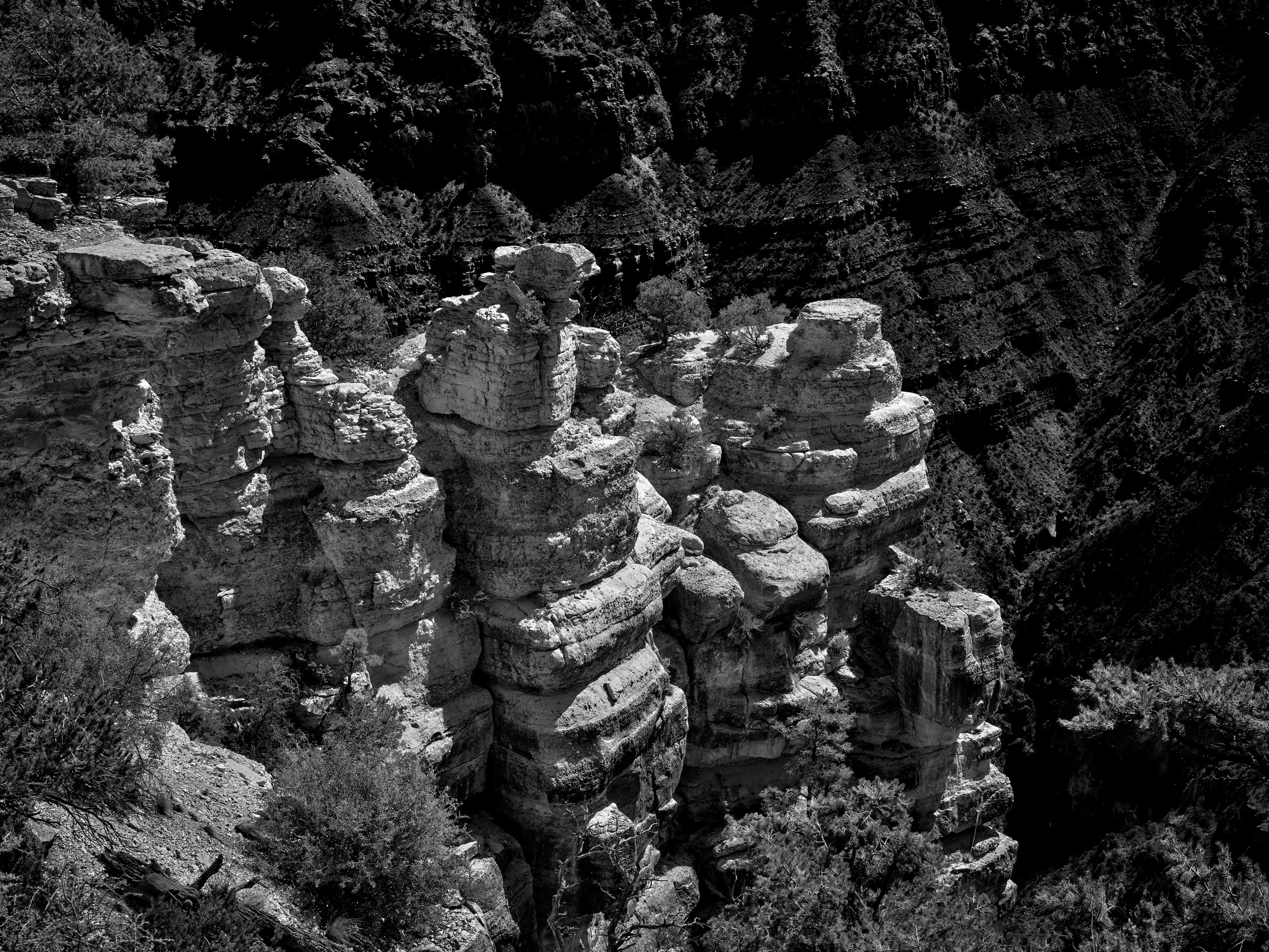 A black and white view emphasizes eroded stone towers against deep Grand Canyon shadow near Grandview Point.