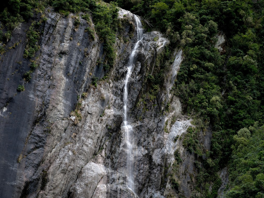 New Zealand 8 A slender waterfall drops over dark rock walls beside thick forest at the glacier lookout.