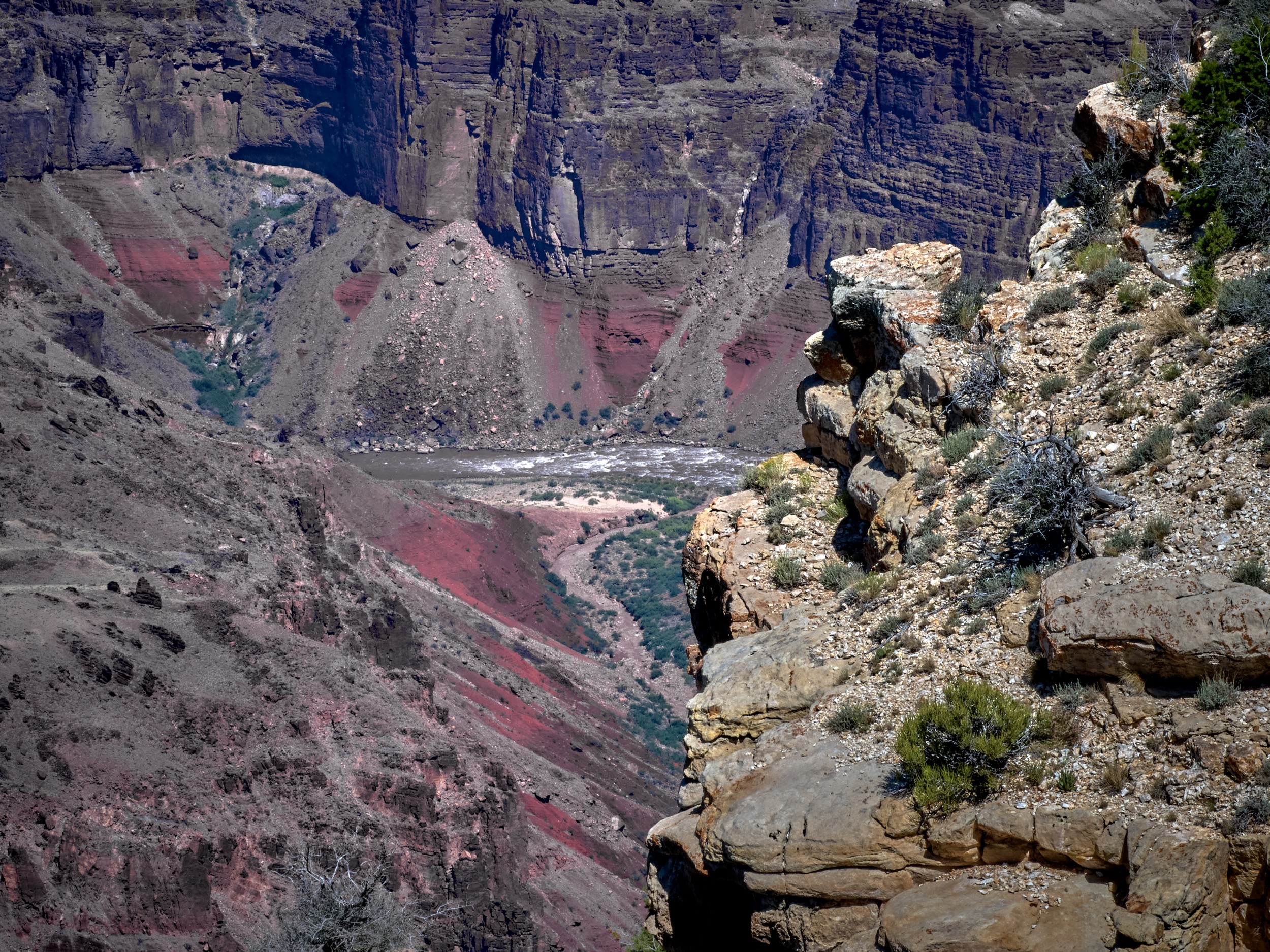 The Colorado River and Hance Rapids are visible far below red walls and rocky South Rim cliffs.