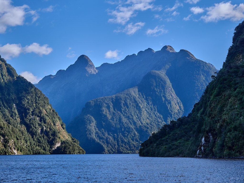 New Zealand 13 Blue lake water leads between forested cliffs toward distant rugged Fiordland mountains.