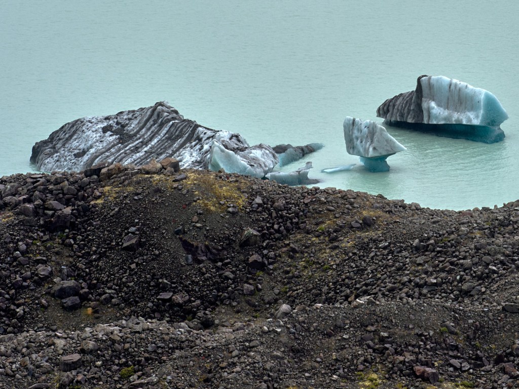 New Zealand 35 Large pale blue icebergs float in milky water beside black moraine rocks.