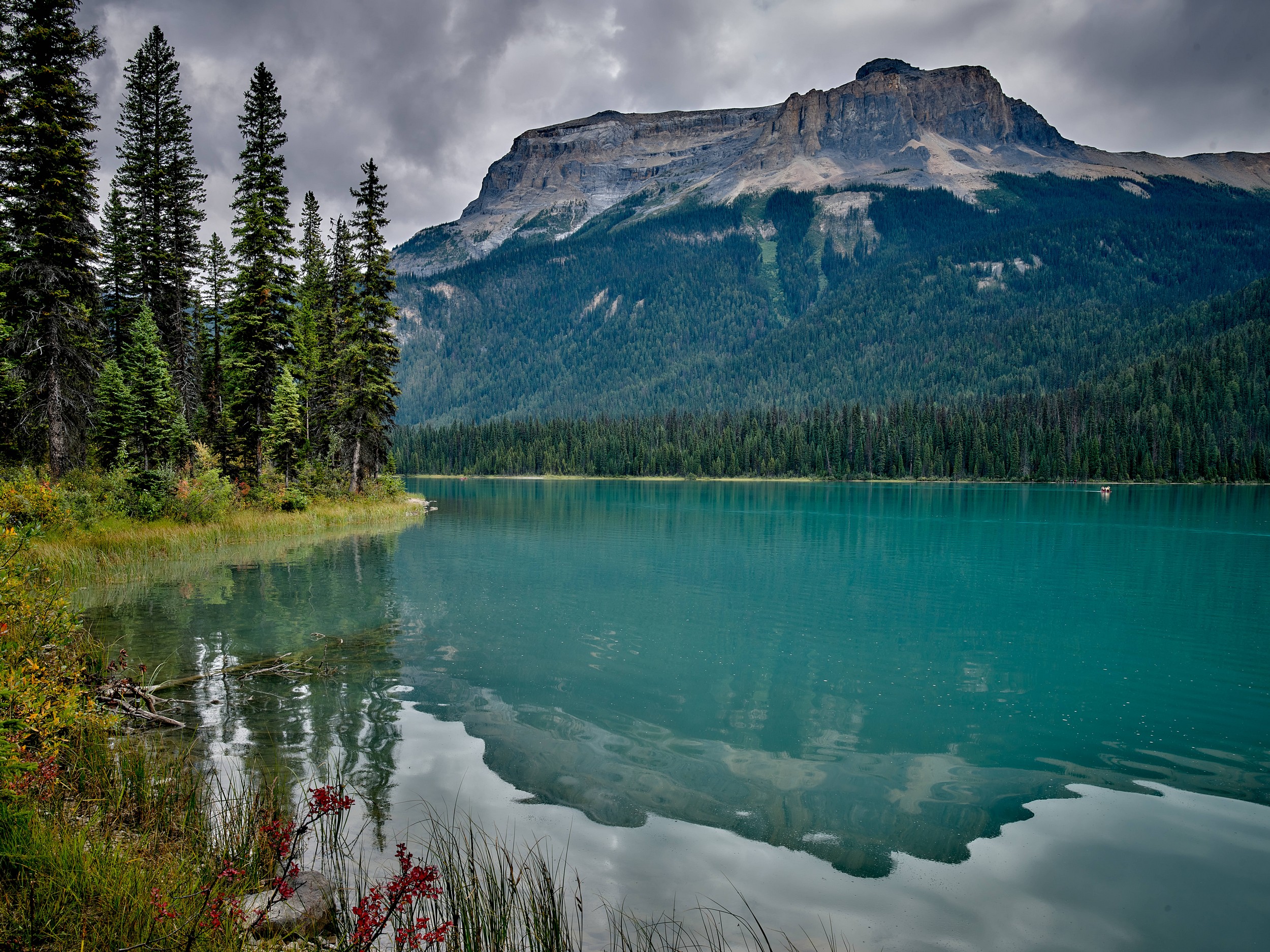 Turquoise Lakes 13 Calm teal water reflects a dark tree line and mountain slope with muted gray cloud above.