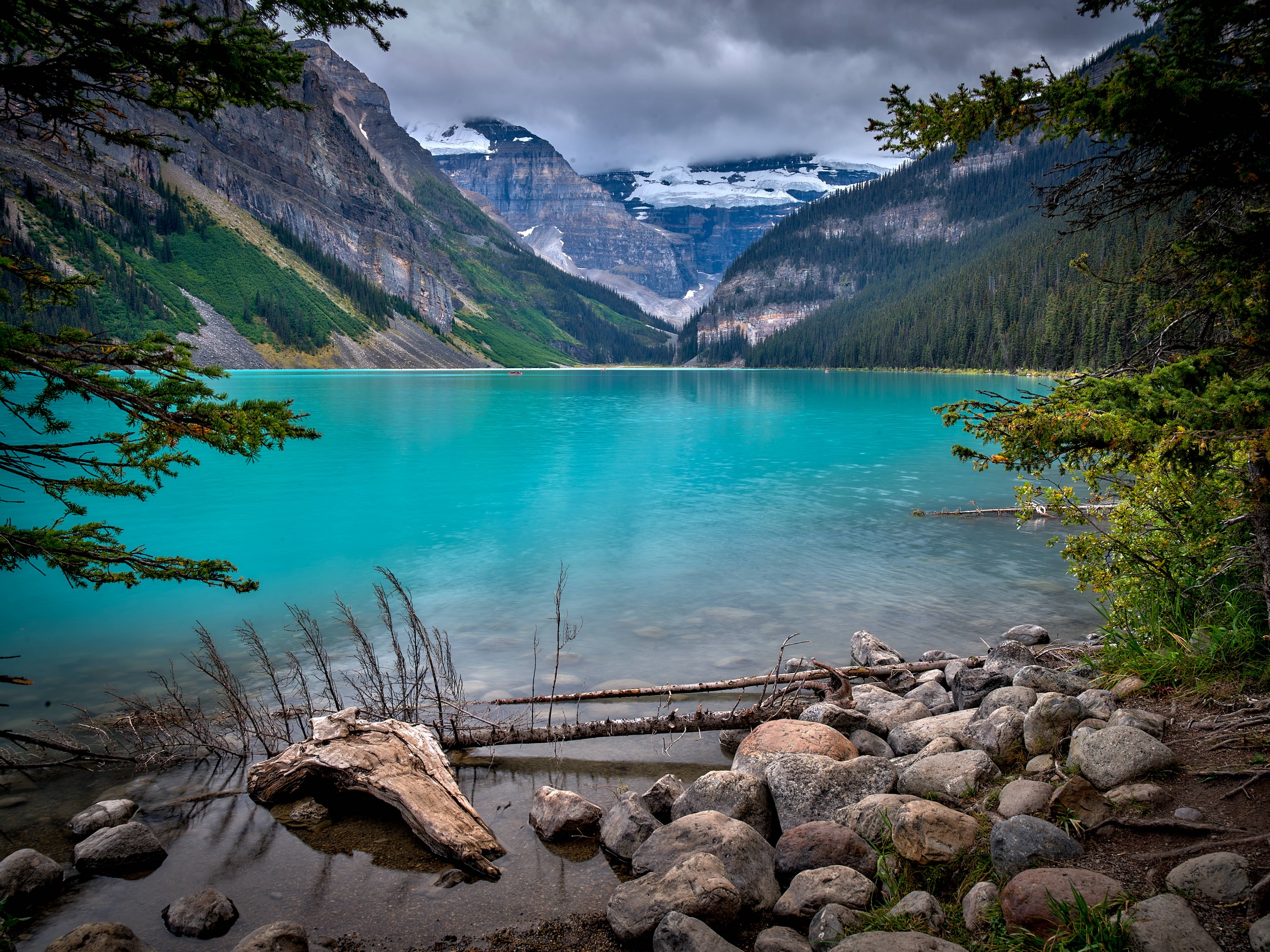 Turquoise Lakes 8 Weathered driftwood, gray stones, turquoise water, and the distant glacier create a layered lakeshore scene.