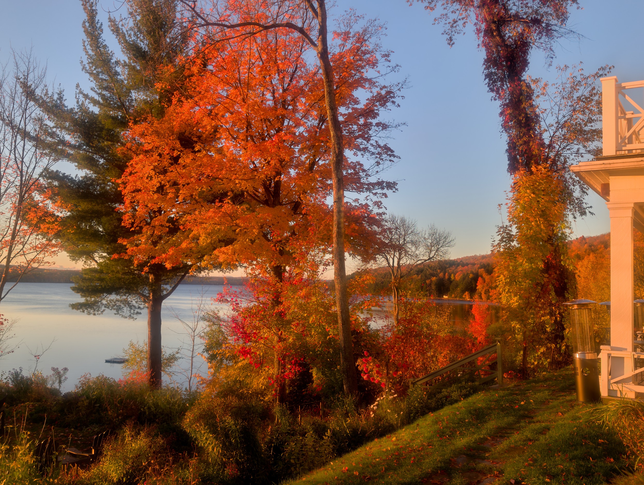 Vermont and Quebec 31 Red leaves spread across clear sky above Lake Massawippi and distant Eastern Townships hills.